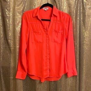 Express bright neon orange portifino button down blouse, size XS